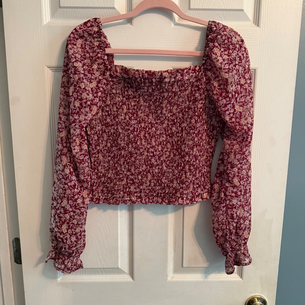 Japna Floral Long Sleeve Top Smocked Square Neck Burgundy Women's